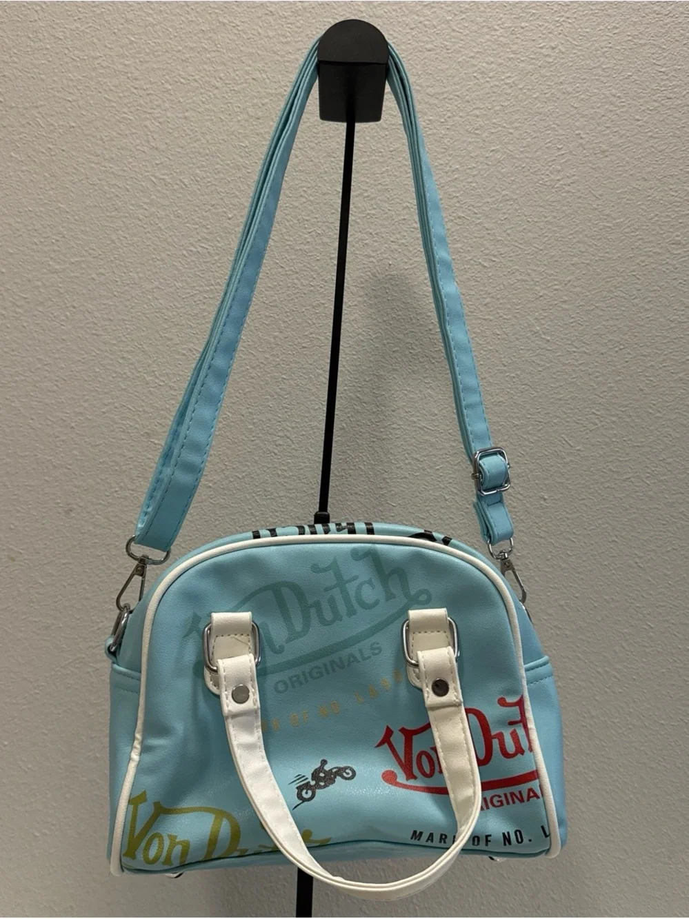 Von Dutch Light Blue Mini Satchel with White Handles and Red Logo